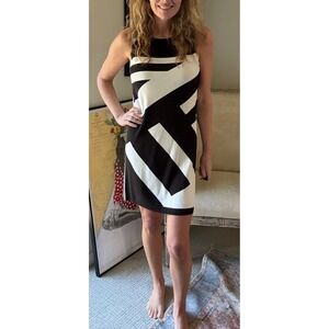 Bar III Womens Black White Geometric Graphic Knit Sleeveless Sheath Dress Medium